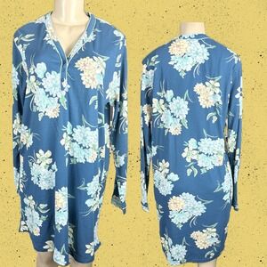 Karen Neuberger L Teal Floral Long Sleeve Henley Neckline Nightgown Sleepshirt